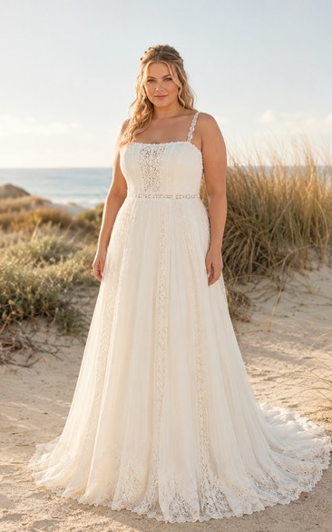 Plus Size Brautkleid in A-Linie mit eckigem Ausschnitt und Schlüssellochausschnitt am Rücken