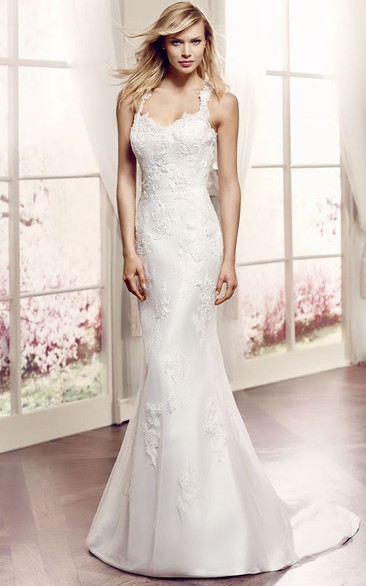 Maxi Straps Appliqued Lace Wedding Dress With Court Train And Illusion
