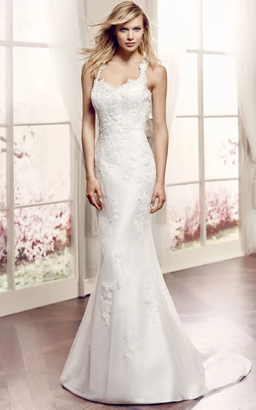 Maxi Straps Appliqued Lace Wedding Dress With Court Train And Illusion