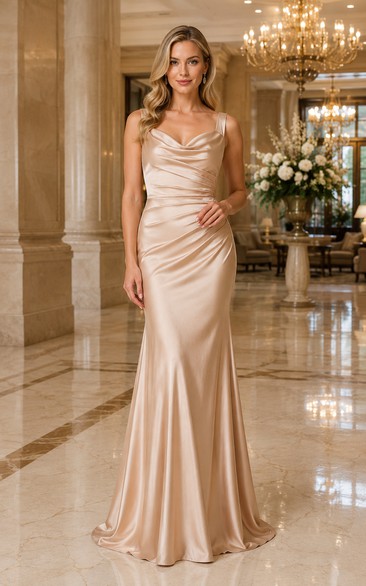 Champagne Cowl Neck Satin Sheath Bridesmaid Dress with Spaghetti Straps and Ruched Bodice