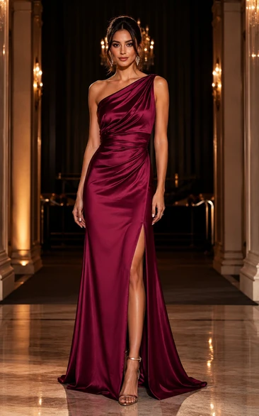 Satin Evening Dress in Burgundy, One-Shoulder Sheath Floor-Length Gown with Drape