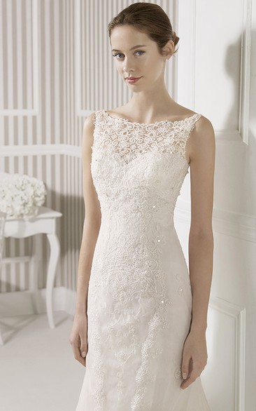 Sheath Long Sleeveless Bateau Lace Wedding Dress With Court Train And Illusion Back