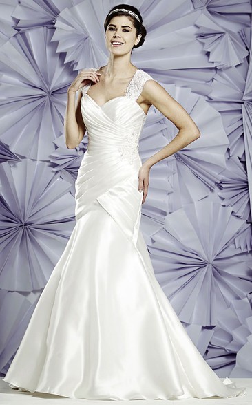 Mermaid Maxi Lace Queen-Anne Stretched Satin Wedding Dress With Ruching