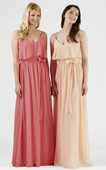 Sheath Long Pleated Spaghetti Chiffon Bridesmaid Dress With Bow And V Back