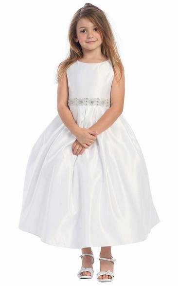 Pleated Tiered Satin Flower Girl Dress With Sash