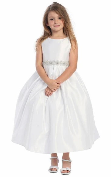 Pleated Tiered Satin Flower Girl Dress With Sash