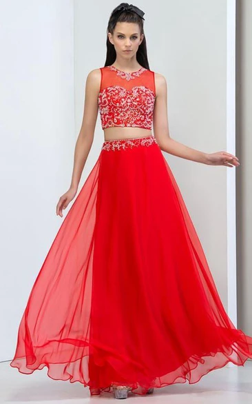 Sheer Neck Beaded Sequins Two Piece Prom Dress