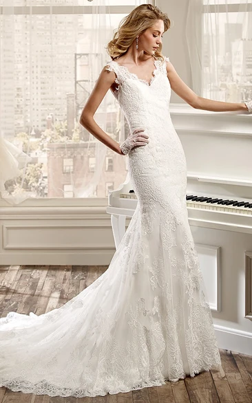 V-Neck Sheath Lace Wedding Dress With Brush Train And Open Back