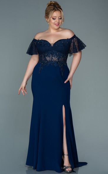 Sexy Off-the-shoulder Sheath Front Split Chiffon Prom Plus Size Dress with Lace Applique