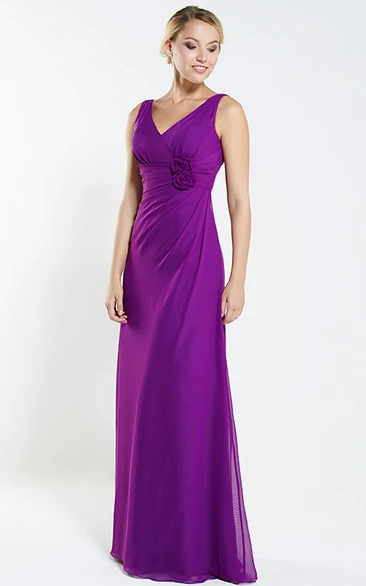 A-Line V-Neck Floral Sleeveless Maxi Chiffon Bridesmaid Dress With Draping