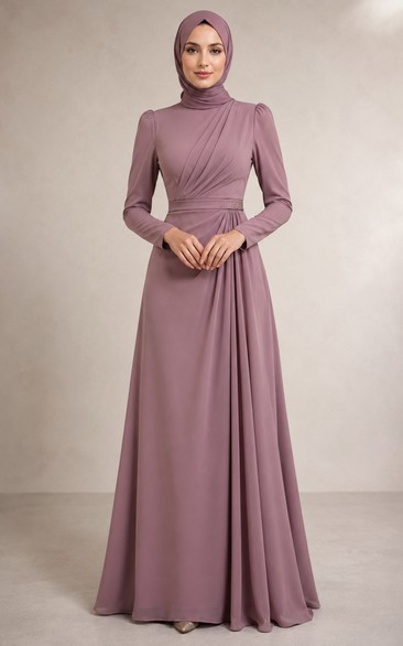 Mauve Modest High Neck Chiffon Formal Dress