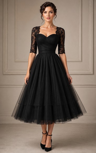 Black Tulle Lace 3/4 Sleeve Tea-Length Wedding Dress