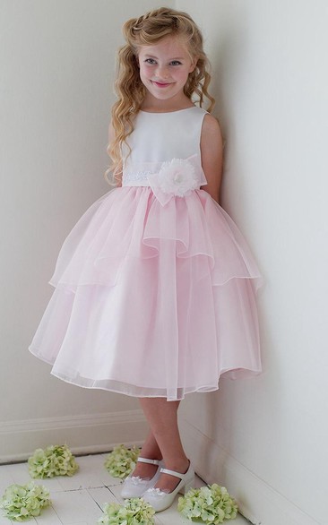Floral Tea-Length Appliqued Bowed Lace&Organza Flower Girl Dress With Tiers