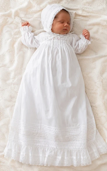 Baby Christening Gown Vintage Modest A-Line Long Sleeve Cotton Lace Floor-Length with Bonnet in White