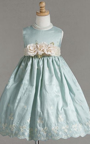 Tea-Length Bowed Embroideried Taffeta Flower Girl Dress