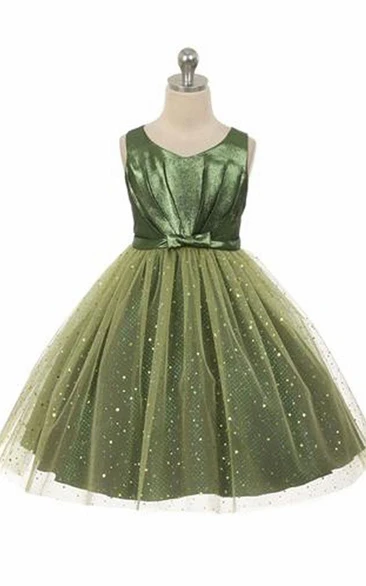 Tea-Length V-Neck Pleated Tulle&Sequins Flower Girl Dress With Tiers