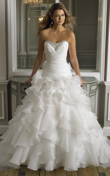 A-Line Strapless Beaded Organza Wedding Dress With Cascading Ruffles And Ruching