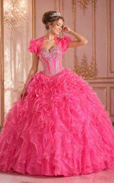 Sequined Corset Ball Gown With Cascading Ruffles And Matching Jacket