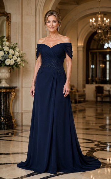 Dark Navy Off-the-Shoulder A-Line Chiffon Mother Dress