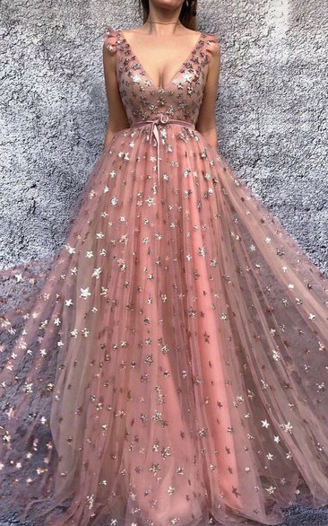 Sexy Sleeveless Plunged Beaded Empire Tulle Prom Dress