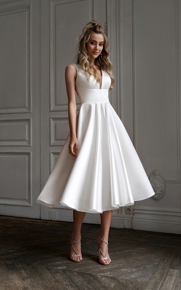 Simple Satin Empire A-line Tea-length Wedding Dress
