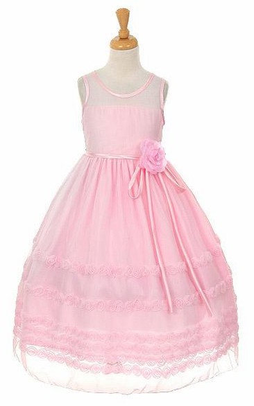 Tea-Length Embroideried Tiered Floral Flower Girl Dress With Ribbon