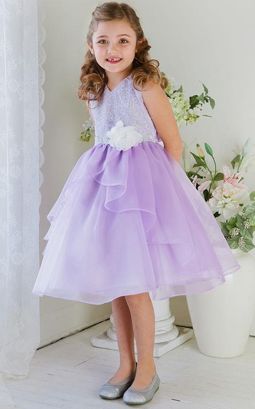 Tea-Length Embroideried Tiered Lace&Organza Flower Girl Dress