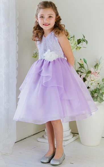 Tea-Length Embroideried Tiered Lace&Organza Flower Girl Dress