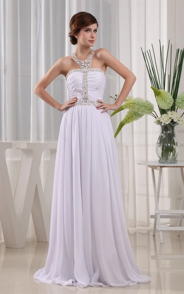 Sleeveless High Neck Ruched Dress With Pleats and Crystal Detailings