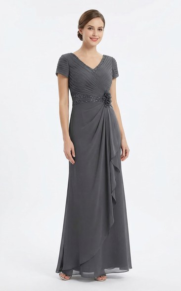 Beaded Jersey V-Neck Dress with Draping