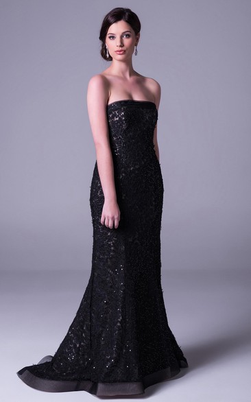 Sheath Floor-Length Strapless Sleeveless Appliqued Lace Prom Dress With Beading