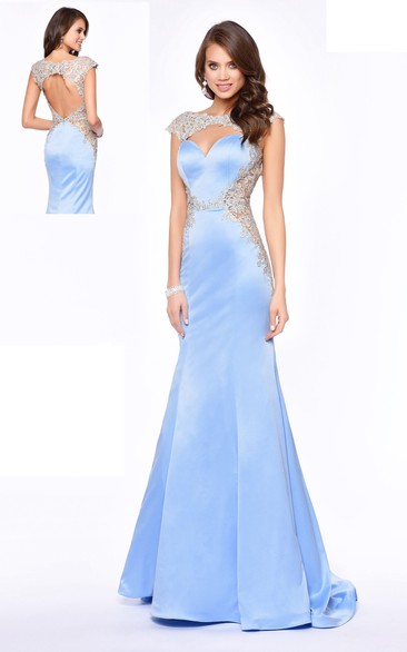 Sheath Long Bateau Cap-Sleeve Satin Keyhole Dress With Appliques
