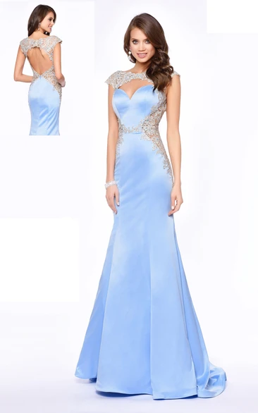 Sheath Long Bateau Cap-Sleeve Satin Keyhole Dress With Appliques