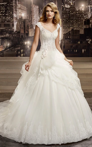 V-neck Floral Cap sleeve Wedding Gown with Lace Corset and Asymmetrical Ruffles and Lace-up Back