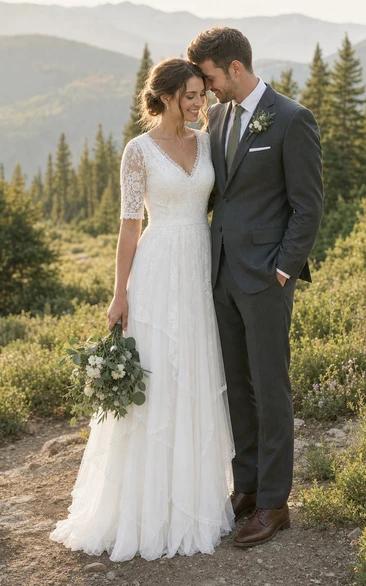 Ländliches, schlichtes Vintage-Hochzeitskleid mit Ärmeln für ältere Bräute in großen Größen