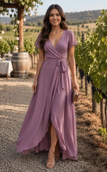 Mauve V-neck Wrap Chiffon High-Low Dress