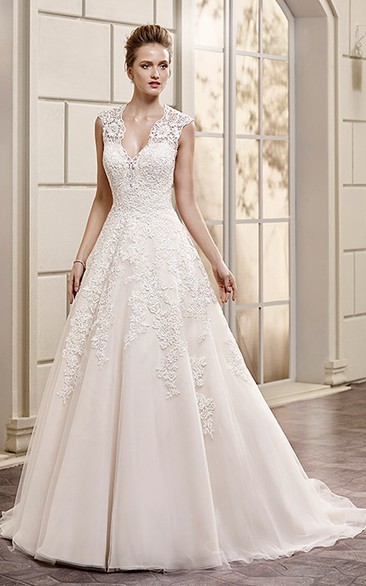 A-Line Maxi Appliqued V-Neck Cap-Sleeve Lace Wedding Dress