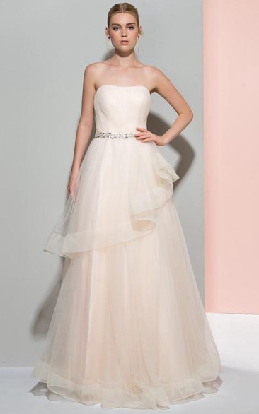 A-Line Strapless Beaded Ruched Long Prom Dress