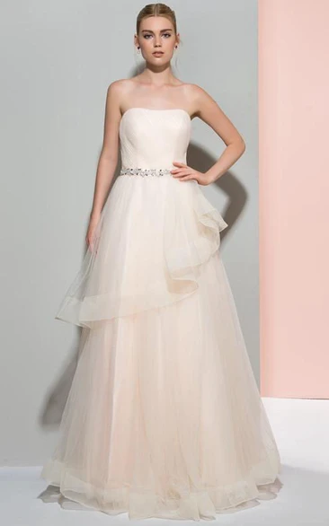 A-Line Strapless Beaded Ruched Long Prom Dress