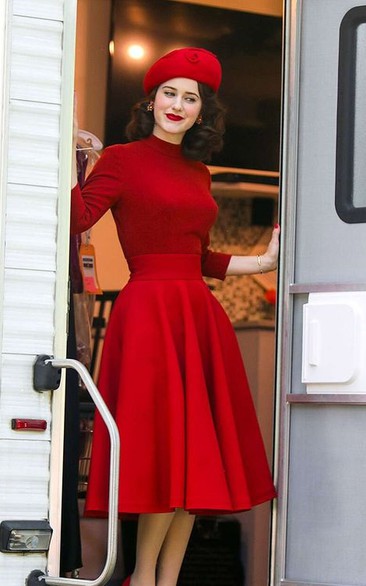 Red Christmas Elegant Party Tea-length Long Sleeve High-neck Dress