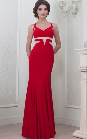 Sheath V-Neck Floor-Length Sleeveless Jersey Evening Dress