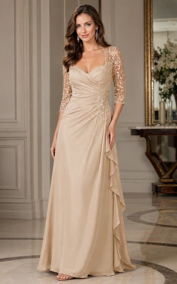 3-4 Sleeved Long Mother Of The Bride Dress With Ruffles And Sequins