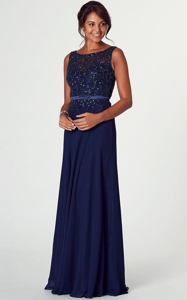 Floor-Length Mermaid Bateau Neck Sleeveless Beaded Chiffon Prom Dress