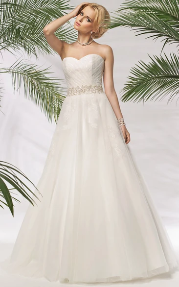 A-Line Sweetheart Sleeveless Floor-Length Criss-Cross Tulle Wedding Dress With Waist Jewellery