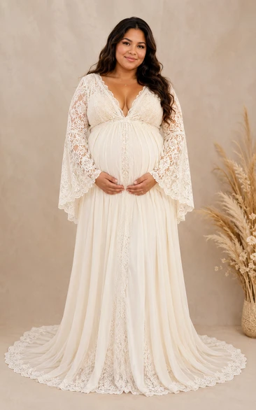 Ivory Plus Size Lace Sleeve Maternity Wedding Dress