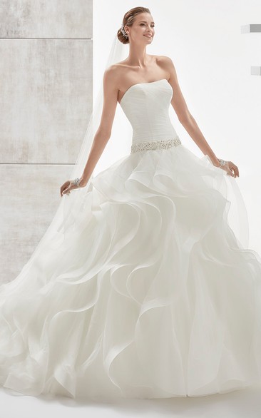 Strapless Pleating Wedding Dress with Cascading Ruffles and Beaded Details