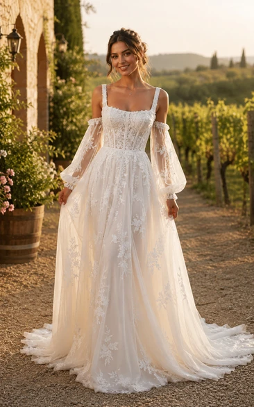 Boho A-Line Wedding Dress Off Shoulder Short Sleeve Square Neck Tulle Lace Applique Floor Length Chapel Train Ivory