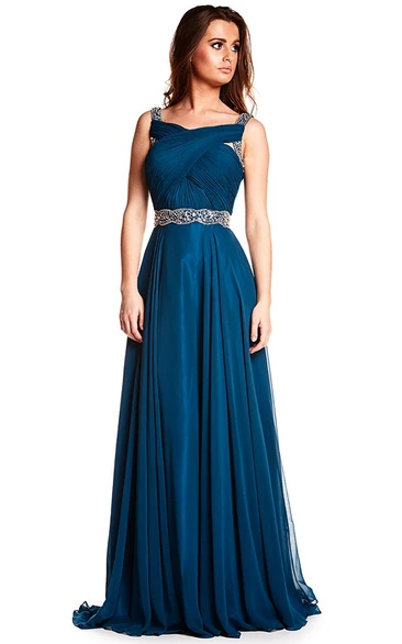 A-Line Sleeveless Long Beaded Prom Dress With Waist Jewellery And Ruching