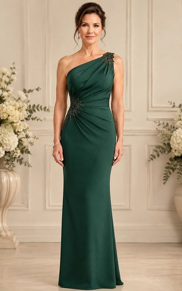 Dark Green One-Shoulder Formal Dress with Appliques