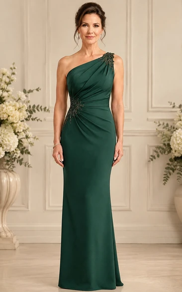 Dark Green One-Shoulder Formal Dress with Appliques